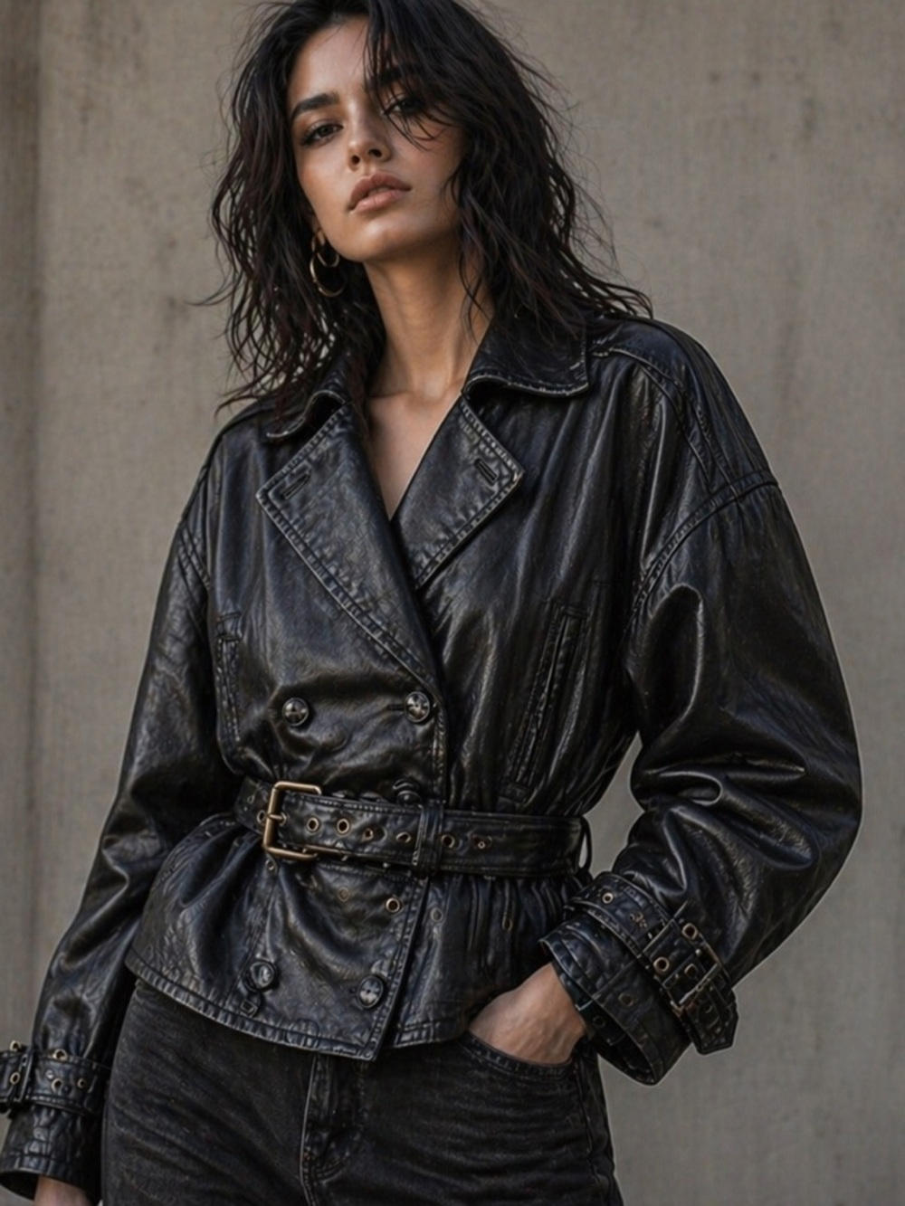 Vintage Spiegel Black Leather Jacket Belted Moto Style Size Small/Medium